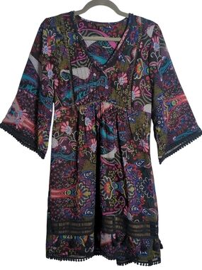 Ranna Gill For Anthropologie XS Viola Kimono Mini Dress Boho Paisley Floral Art